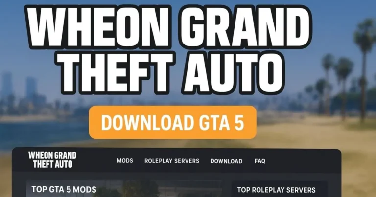 Wheon Grand Theft Auto download page showing GTA 5 mods, roleplay servers, and immersive open-world gameplay